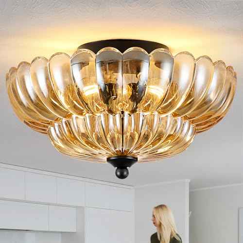 Semi Flush Mount Ceiling Light, Amber Glass Ceiling Light Fixture, 3-Bulb Modern Black Close to Ceiling Light, Vintage Glass Ceiling Lights for Bedroom Kitchen Living Room, Bulb Not Included