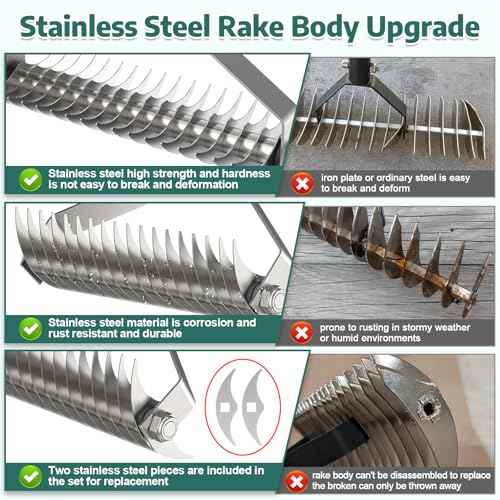 Thatch Rakes for Lawns,14.2-Inch Thatching Rake,304 Stainless Steel Dethatcher Rake with Adjustable Handle and 2 Extra Replaceable Blades,Heavy Duty Rakes for Cleaning Dead Grass and Loosening Soil