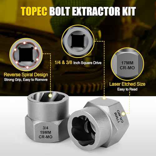 TOPEC Bolt Extractor Kit, 35-Piece Stripped Bolt Extractor Socket Set, 1/4" & 3/8" Drive Easy Out Socket Set, Nut Remover for Removing Broken, Rusted, Rounded Fasteners