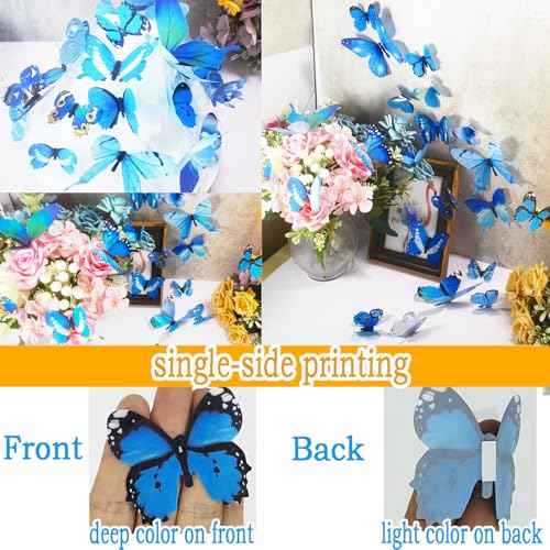 Ewong 60Pcs 3D Butterfly Wall Decor, Decoration Party Birthday Cake Waterproof Removable Mural Sticker, Butterflies Wall Art Home Decals Living Room Bathroom Bedroom Office Decorative (Blue)