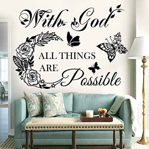 Inspirational God Things are Possible Vinyl Wall Sticker Peel and Stick Quote Bible Sticker Christian Wall Decor Quote Wall Art Stickers for Home Walls Living Room Bedroom Decoration