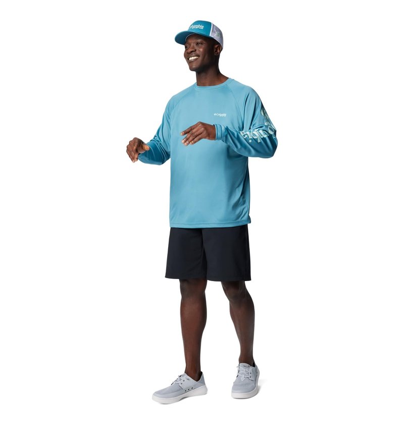 Columbia Men's Terminal Tackle Long Sleeve Fishing Shirt, Canyon Blue/ICY Morn Logo, 6X