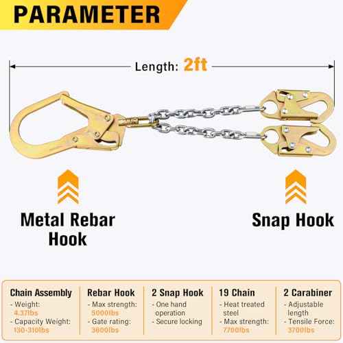 TRSMIMA Rebar Positioning Chain Assembly - Safety Lanyard Fall Protection Sling Chain Rebar with Swivel Double Self-Locking Snap Hooks Construction Positioning