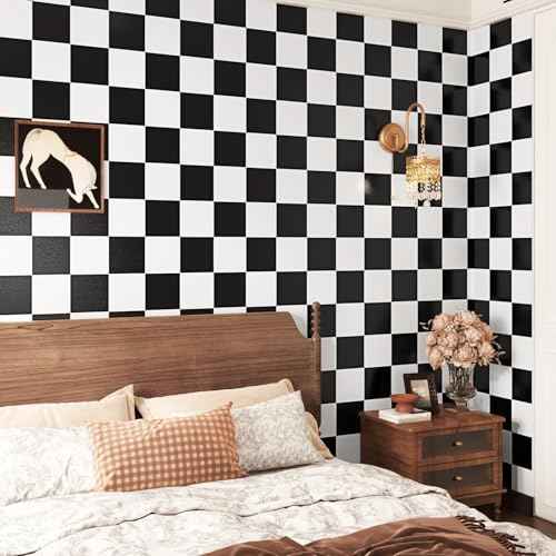 Black/White Checkered Wallpaper Peel and Stick Modern Geometric Wallpaper Self Adhesive Checkered Contact Paper for Bedroom Accent Wall Countertops Cabinets DresserParty Decoration 12"x120"