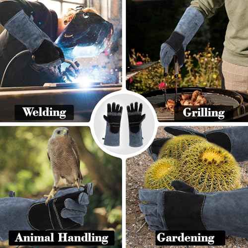 Heavy Duty Animal Handling Gloves - Cat Gloves Bite Proof, Ideal for Dog Training, Falconry, Welding, Gardening - 21.6 inch Grey Black
