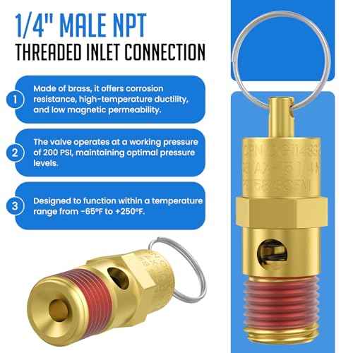 2 Pcs 1/4" NPT(M) 200 PSI Air Compressor Pressure Relief Valve, Brass Safety Valve for Air Compressor (Tank Pop Off)
