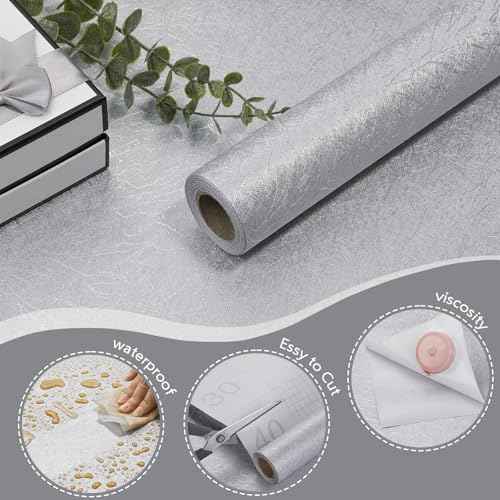 Yun-aeon Silver Silk Peel and Stick Wallpaper 17.3"x120" Embossed Textured Contact Paper Removable Waterproof Self Adhesive Vinyl Wallpaper for Bedroom Kitchen Cabinet Furniture