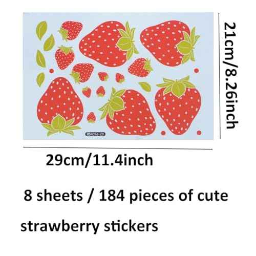 8 Pages 184 Pieces Strawberry Stickers Waterproof Strawberry Wall Stickers Removable Fruit Wall Decals for Girls Bedroom Dorm Dining Room Kitchen Bathroom Waterproof Decor (8, Red)
