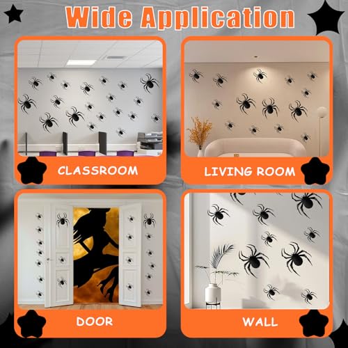 72Pcs Spider Stickers Decorations Black 3D Spider Decals for Wall Window Door Indoor Home Party Classroom Office Decor