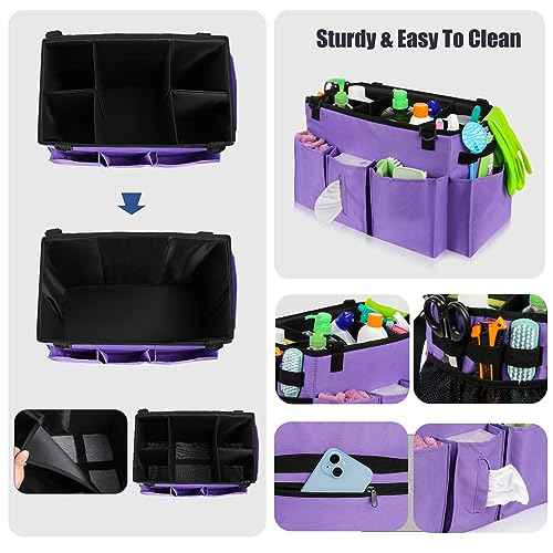 Wearable Cleaning Caddy Bag with Handle, Multi-functional Cleaning Supplies Caddy Organizer with Handle and Shoulder Strap for Car Wash, Gardening Tools, Painting/Picnic Items, Beach (Purple)