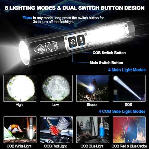 Small LED Rechargeable Magnetic Flashlights 20000 High Lumens - Super Bright Long Beam Pocket Powerful Flashlight 8 Modes with COB Work Light, Dual Button Tactical Flashlight for Camping Emergency