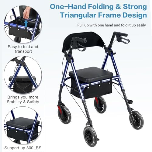 Amblisss Walkers for Seniors with Seat, Foldable Rollator Walkers, 300 lbs Weight Capacity, 8" Wheels Dual Height Ajustable, Rolling Walker with Seat for All-Terrain, Dark Blue