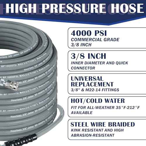 Hourleey Pressure Washer Hose 50FT, Kink Resistant High Tensile Wire Power Washer Hose, Rubber Wire Braided with 3/8" Quick Connect for Hot/Cold Water, 4000 PSI, Gray