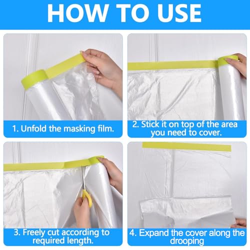 LLPT Tape and Drape 25.6¡±(Unfolded) x 66 Ft Each 2 Pack Pre-Taped Masking Film 0.31 Mil Painters Plastic Drop Cloth for Auto Wall Furniture Painting Protection (MFTG620)