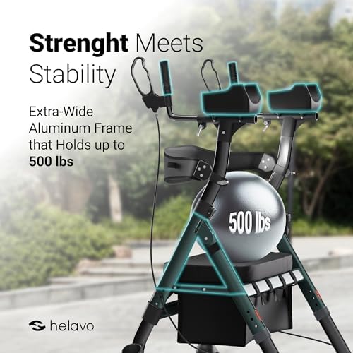 Helavo Extra Wide 28.3" Bariatric Upright Walker for Seniors, 500 lbs Capacity with 8“ Flat-Free Solid Rubber Tires, Height Adjustable Stand Up Walker with Seat, All Terrain Heavy Duty Rollator