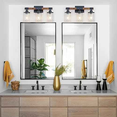 3-Light Bathroom Light Fixtures, Farmhouse Bathroom Vanity Light Rustic Wood Industrial Vintage Black Small Wall Light Sconce Lamp Over Mirror with Clear Glass Shade for Bedroom