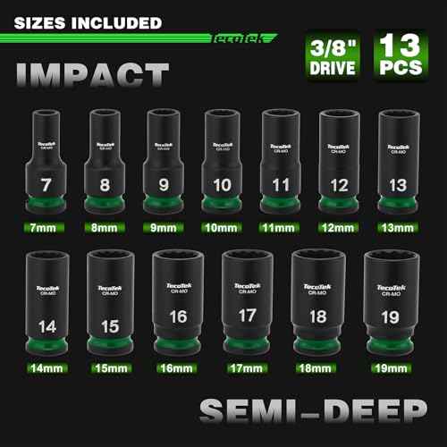 3/8-Inch Drive 12-Point Metric Semi-Deep Impact Socket Set, Mid-Length Socket Set, 7mm to 19mm, CR-MO, Stamped and Ink Filled Size Marking, 13-Piece