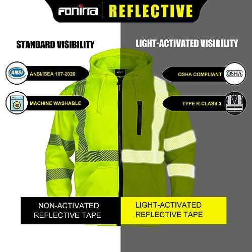 FONIRRA High Visibility Safety Work Hoodie for men Construction Hi Vis Reflective Fleece Sweatshirt with Zipper ANSI Class 3