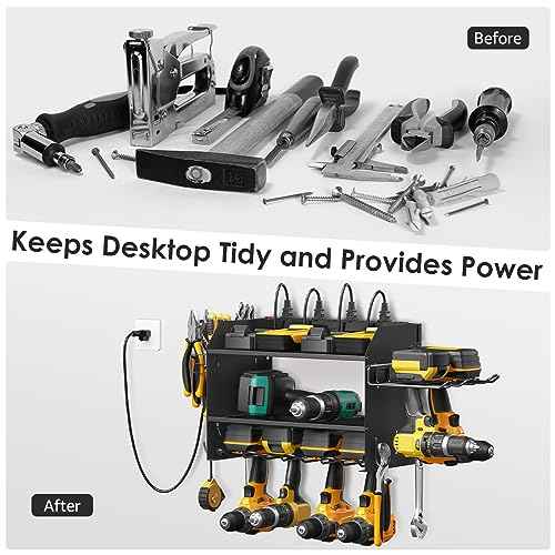 CCCEI Modular Power Tool Organizer Wall Mount Charging Station, Black 6 Drills Holder with 8 Plug Power Strip 10FT, Garage Drill Battery Heavy Duty Metal Shelf, Utility Rack with Hooks, Side Storage.