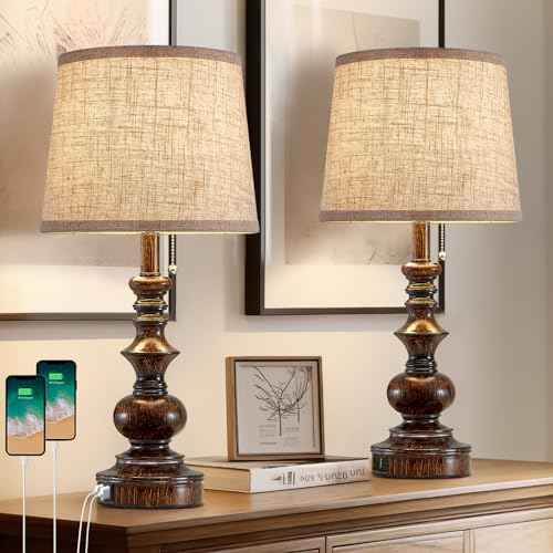 22'' Farmhouse Bedside Table Lamps Set of 2 for Bedroom Nightstand Lamps with USB A+C Charging Ports Traditional Small Table Lamp for Living Room End Tables,Pull Chain,Bulbs Not Included