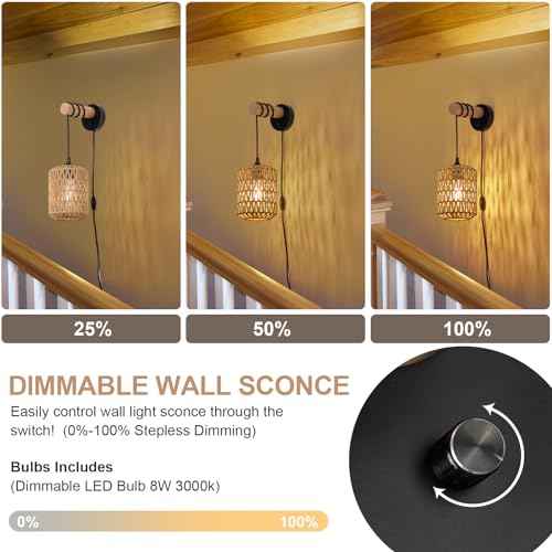Rattan Plug in Wall Sconce Bedroom Sconces Set of 2 Boho Dimmable Wall Lamp with Plug in Cord Hanging Wall Lights for Living Room