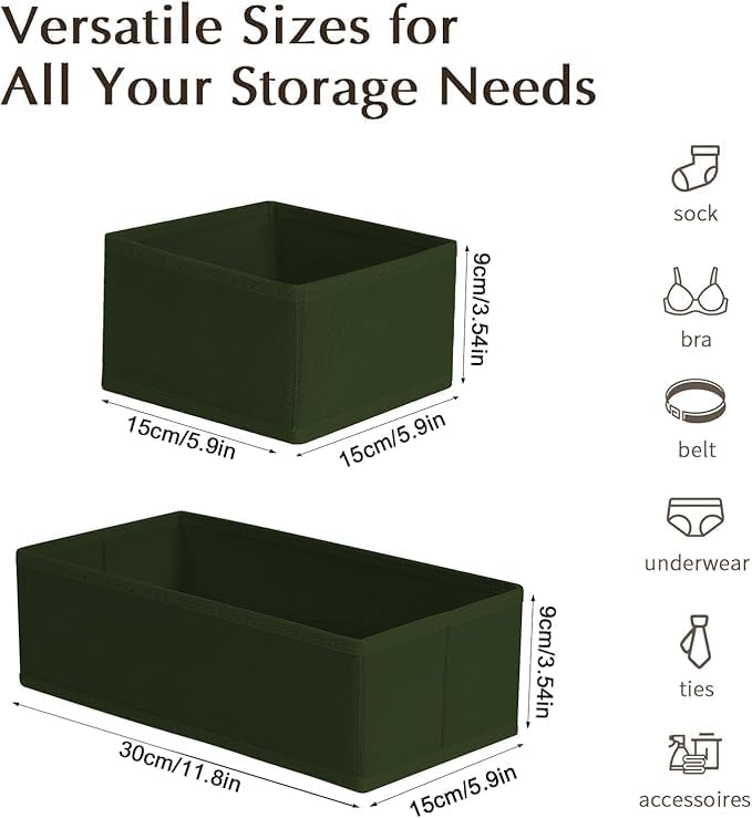 DIMJ Drawer Organizers Clothes, Set of 12 Dresser Organizer Bins, Fabric Closet Organizers and Storage, Shallow Drawer Dividers for Nursery, Clothing, Baby Clothes, Socks, Underwears, Tie (Green)