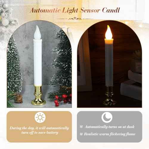 Yungyan 20 Pieces Window Candle Lights with Sensor Dusk to Dawn Flameless Battery Operated LED Candles Bulk Flicker Flame for Christmas Holiday Party Decorations(Gold Base)