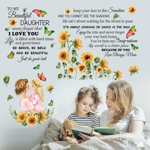 Inspirational Quote Decal for Daughter - Removable Peel & Sticker Vinyl Wall Sticker, Floral Theme for Bedroom, Playroom, Living Room - Yellow