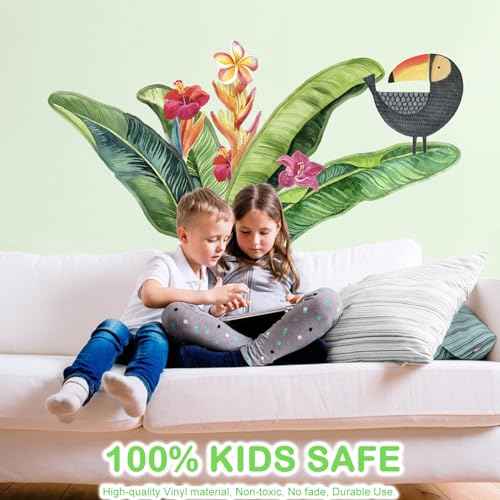 Giant Tropical Palm Leaf Wall Decals Peel and Stick - Large Tropical Green Leaves Flowers Wall Stickers Removable - Vinyl Jungle Wall Decal Decor for Living Room Bedroom Bathroom