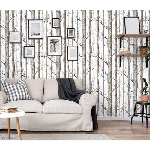 17.7" X 118"Birch Tree Wallpaper White and Brown Peel and Stick Wallpaper for Bedroom Bathroom Tree Contact Paper for Cabinets Removable Self Adhesive Shelf Drawer Liner Wall Decor Vinyl