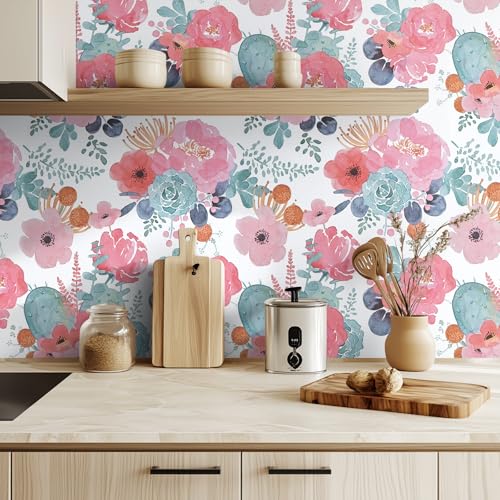 WENMER Floral Peel and Stick Wallpaper, Pink/Green/White Peony Wallpaper, Floral Contact Paper for Desk, Self Adhesive Vinyl Wall Paper for Bedroom Kitchen Classroom Furniture 17.7" x 118"