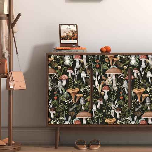 Mushroom Wallpaper Peel and Stick Wallpaper Black 17.7" x 78.8" Self Adhesive Removable Wall Paper Leaf Forest Mushroom Contact Paper for Countertops Decor