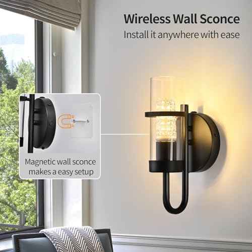 Battery Operated Wall Sconce Set of 2, Rechargeable Wireless Wall Lights with Remote, Dimmable Black Sconces with Clear Glass Shade for Bedroom Living Room Hallway, 3000K Crystal Bulb Included