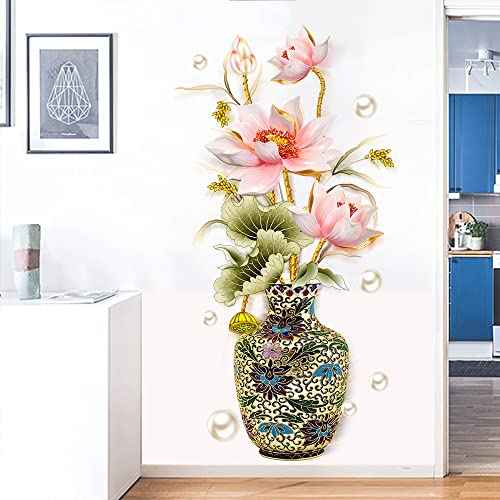 Chinese Style Lotus Flower Classical Vase Wall Sticker Pearl Living Room Art Wall Decals Home Entrance Backdrop Decoration
