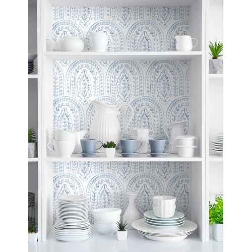 Peel and Stick Wallpaper Modern Wall Paper Boho Contact Paper Removable Wallpaper Peel and Stick Blue and White Self-Adhesive for Bathroom Bedroom Kitchen Wall Decor 17.3" x 118"