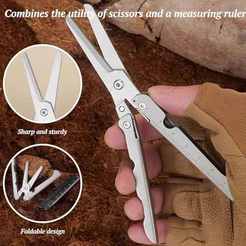 Compact 2-in-1 Foldable Scissors with Measuring Ruler - Stainless Steel, Lightweight, Portable for EDC, Camping, Survival, and Outdoors (Silver)