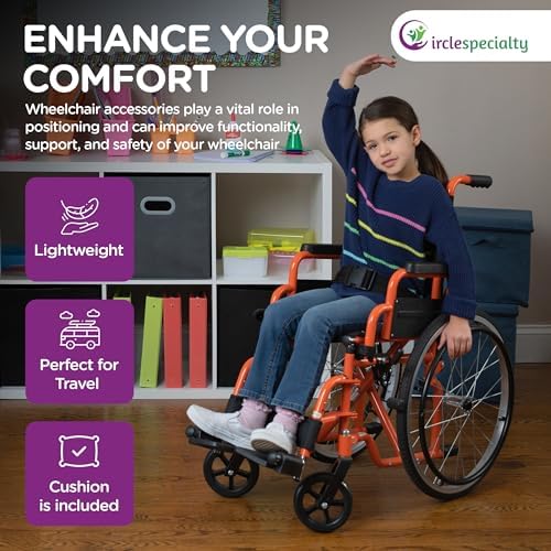 Ziggo 12” Seat Width Pediatric Wheelchair for Kids & Children, Lightweight, Manual Folding Wheelchair w/Safety Belt, Swing-Away Foot Support w/Straps, Desk Length Arm Rests, Free Cushion Accessory