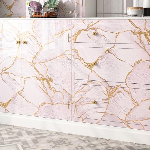 LACHEERY Pink and Gold Marble Contact Paper for Countertops Waterproof Glossy Pink Marble Wallpaper Peel and Stick Countertops Kitchen Vinyl Wrap for Countertop Cabinets Counter Top Covers 15.8"x79"