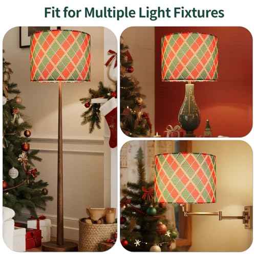 Christmas Plaid Lamp Shades Set of 2, Red and Green Diamond Pattern Linen Drum Lamp Shade with Spider Fitter for Farmhouse Table Lamps, 13" ¡¿ 13" ¡¿ 10" Christmas Decor