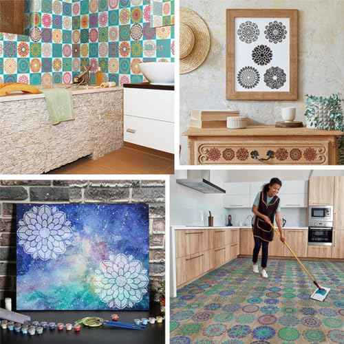9 Pack Mandala Stencils for Painting,Reusable Paint Drawing Templates for Painting on Wood Floor Wall Canvas Tile Fabric,Creative Mandala Stencils for DIY Art Projects & Home Decor (12 inch)
