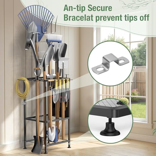 Garden Tool Organizer,Metal Yard Tool Organizer,Holds 50 Long-Handled Tools/Rakes/Brooms,Side Garden Pocket,Heavy Duty Steel Yard Tool Storage Rack for Garage,Shed, Outdoor