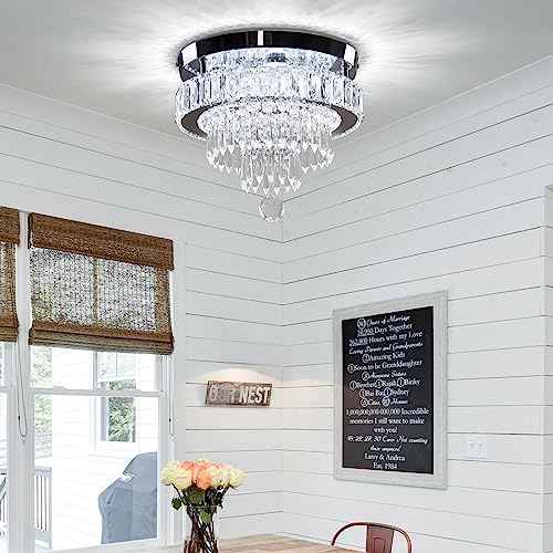 Finktonglan 11.8" Dimmable LED Modern Crystal Ceiling Light, Flush Mount Chandelier with 3 Light Colors, Remote Control for Bedrooms, Living Room, Hallway