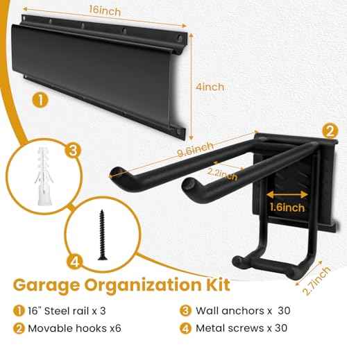 Garage Tool Organizer Wall Mount, 48" Heavy Duty Black Rack with 3 Rails & 6 Double Hooks, Wall Mounted Tool Hanger for Rakes, Shovels, Brooms, Ideal for Garage, Shed, Workshop