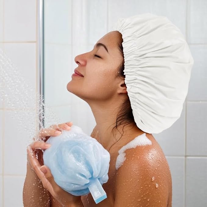 Reusable Shower Cap for Women, Large Waterproof Shower Bonnet with Elastic Band, Washable Bath Hair Cap for Long, Curly Hair, Braids, Daily Shower, Home Spa, Travel(White)