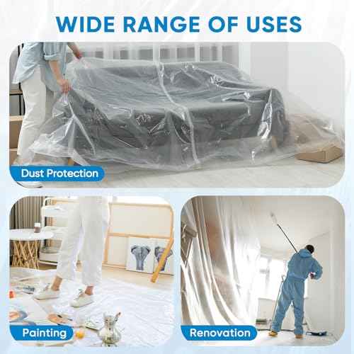TICONN 12 x 9 Ft Plastic Drop Cloth for Painting, Waterproof Painters Plastic Sheeting, Painting Tarp for Furniture Cover, Floor Protection (6PK, 0.5Mil)