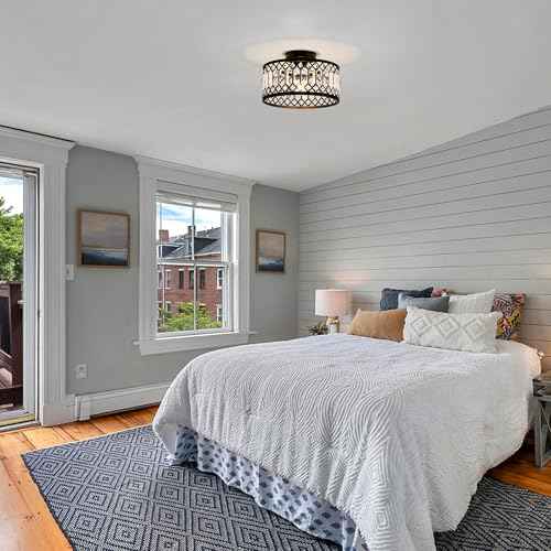 Crystal Black Ceiling Light, Modern Semi Flush Mount Ceiling Light Fixture, Round Small Chandelier for Hallway Entryway Bathroom Bedroom Laundry Room, 1-Light, 11.4 Inch