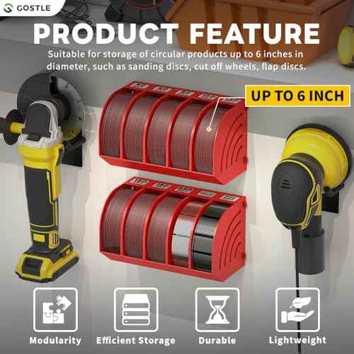 6 Inch Sanding Disc Storage Box, Sandpaper Organizer with 10 Bins ? Space-Saving Storage Rack, Offset Snap-On Connection, Grit Classification, Efficient Organization, Red