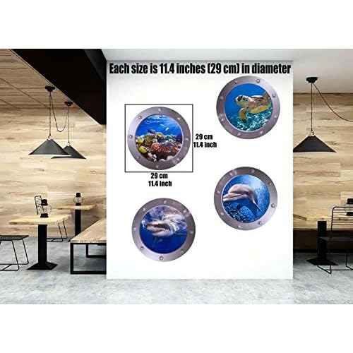 OTDCGI 11 Inch Round 3D Porthole Window Adhesive Stickers - Ocean Theme (Sea Turtle, Shark, Dolphin) - Waterproof Vinual Decals for Kids Room, Bathroom, Glass Decor - Set of 4