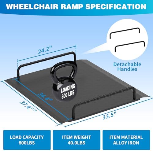 Door Threshold Ramp with Detachable Handles Fits for 2.0" to 9.0" Rise, Wheelchair Doorway Ramp for Scooters/Elderly/Walkers/Stairs(800 LBs Loading, 33.5" L*37.4" W, Alloy Iron, 40.0 LBs)