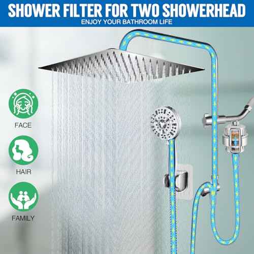 AMORIX Shower Head 12" Rain Shower Heads with Handheld Spray Adjustable Extension Arm with Low Diverter, Filtered Rainfall Shower Head High Pressure 10 Setting Hand Held Built-in Power Wash + 79" Hose